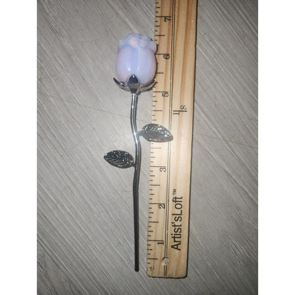 Opalite Glass Rose Carved rose Figurine Silver Tone Stem 6.5 Inch Decor